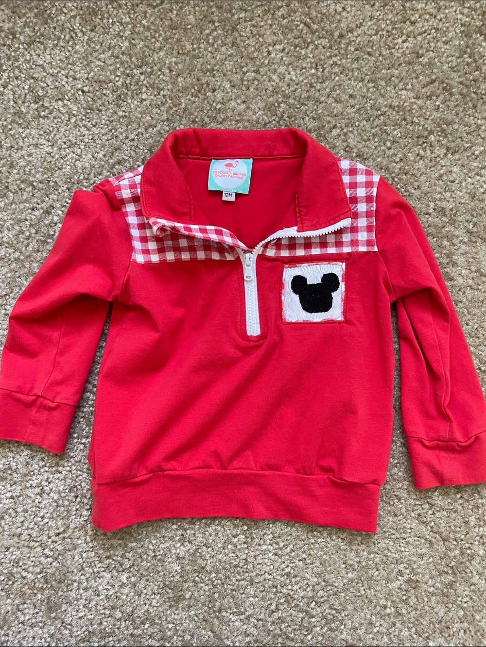 Red Kids Quarter-Zip Top with Checkered Yoke and Mickey Mouse Embroidered Patch